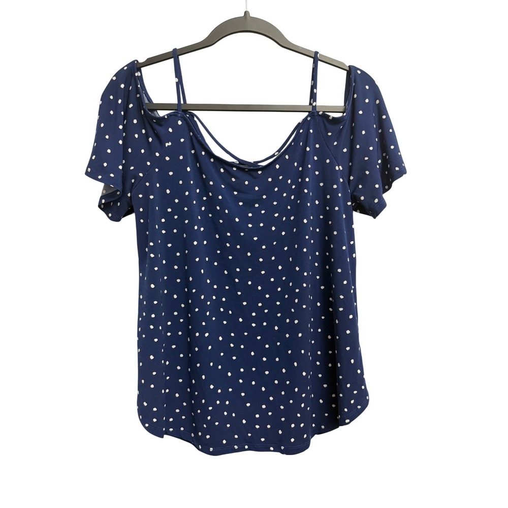Kaileigh Navy Blue Polka Dot Cold Shoulder Strappy Top Medium Flutter Sleeve Y2K
